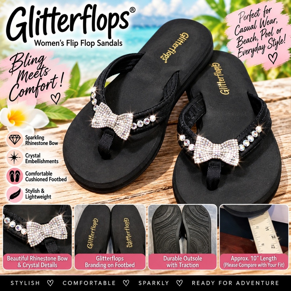 Glitterflops Womens Black Rhinestone Bow Crystal Embellished Flip Flop Sandals